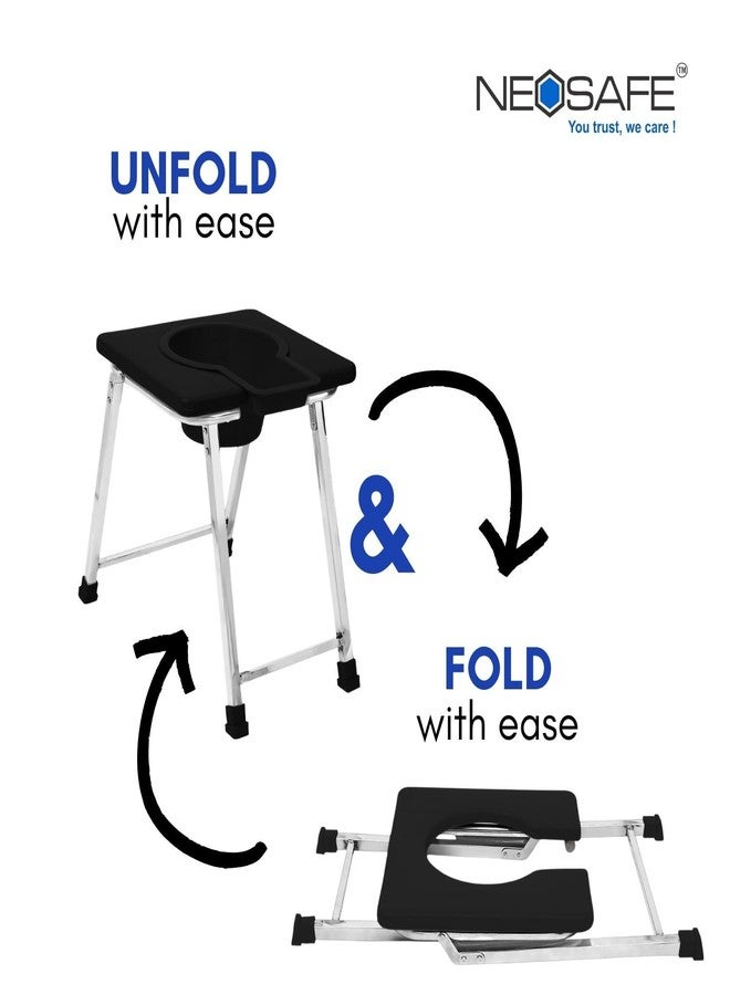 NEOSAFE Stainless Steel Folding Shower Chair, Toilet Chair, Commod Chair, for Indian Toilet for Elderly Disabled Man, Women and Pregant Women with Anti-Slip Rubber Bush(Black)(110Kg Weight Capacity) - Image 3