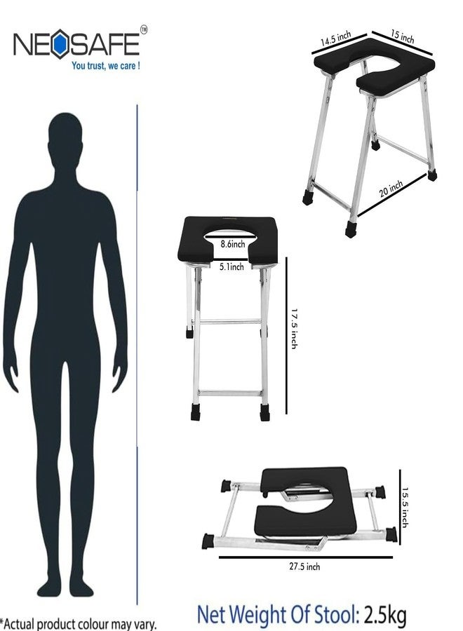 NEOSAFE Stainless Steel Folding Shower Chair, Toilet Chair, Commod Chair, for Indian Toilet for Elderly Disabled Man, Women and Pregant Women with Anti-Slip Rubber Bush(Black)(110Kg Weight Capacity) - Image 5