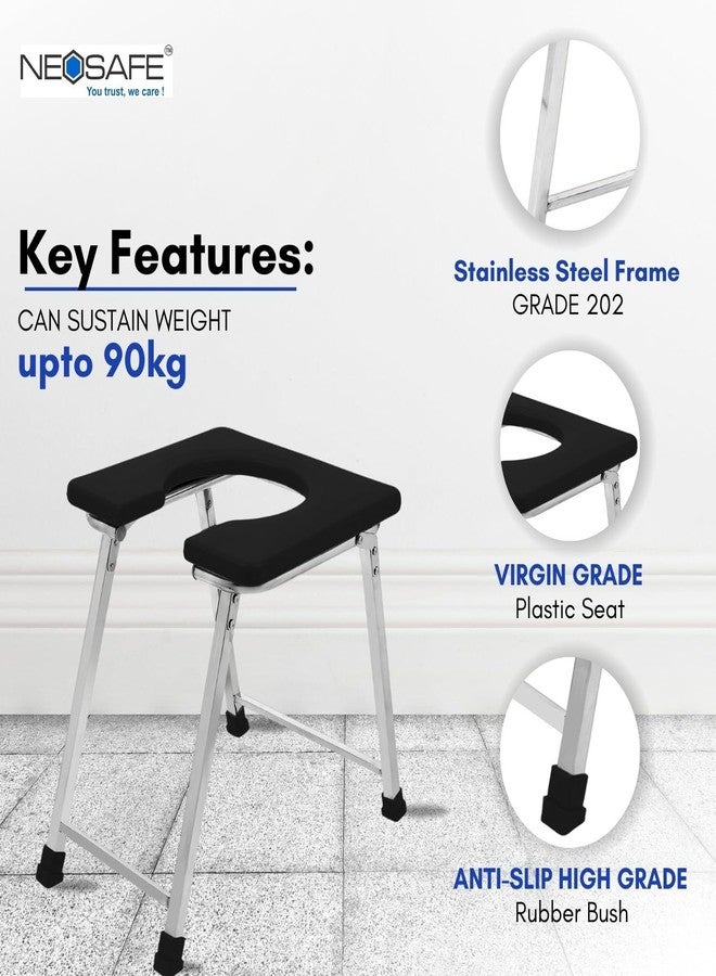 NEOSAFE Stainless Steel Folding Shower Chair, Toilet Chair, Commod Chair, for Indian Toilet for Elderly Disabled Man, Women and Pregant Women with Anti-Slip Rubber Bush(Black)(110Kg Weight Capacity) - Image 2