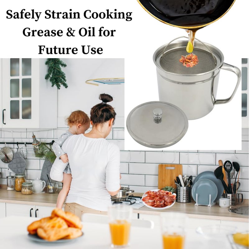 Evelots Cooking Oil Storage Can-Bacon Grease Keeper-Stainless Mesh Strainer-Easy Grip Handle-Large 5 Cup Fat Storage - Image 3