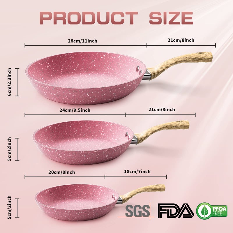 Innerwell Frying Pan Nonstick Set, 8" & 9.5" & 11" Pink Egg Pan, Non Stick Fry Pan Set PFOA-Free Omelet Pan, Toxin-Free Skillets Stone Cookware, Anti-Warp Base with All Stove Tops Available,Induction Compatible - Image 2