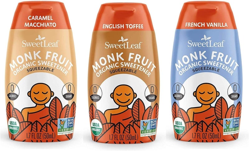 SweetLeaf Organic Monk Fruit Sweetener - Sugar Free Liquid Sweetener with Caramel Macchiato, English Toffee, and French Vanilla Flavors (Pack of 3, 1.7 Fl Oz Each) - Image 1