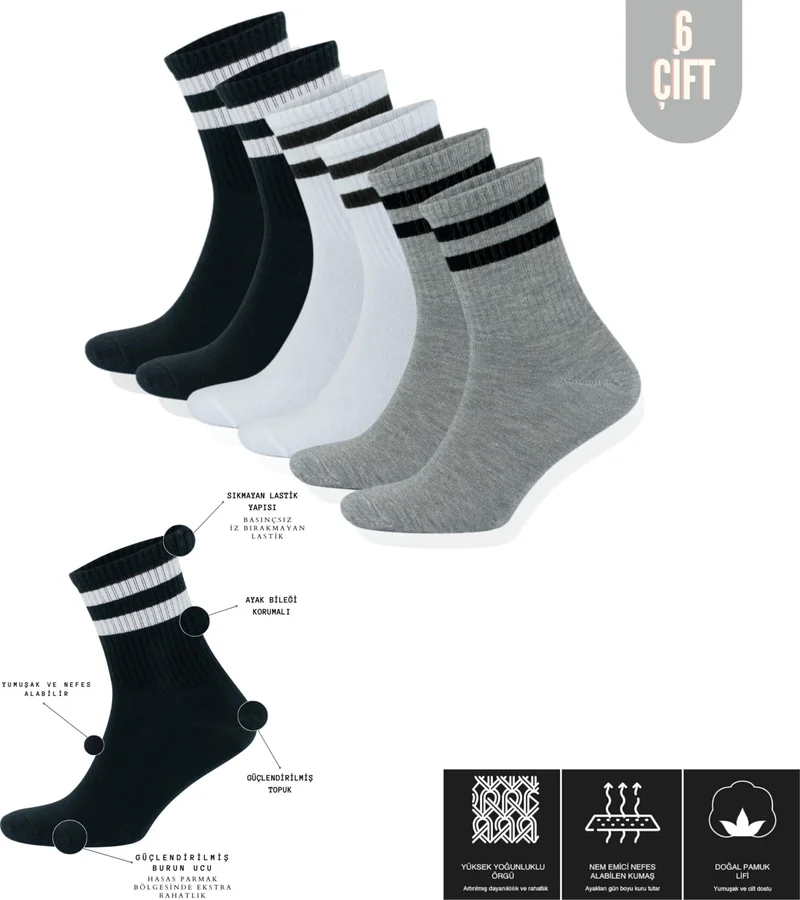 Lüx Kral Lux King Lux King Men's Women's (6 Pairs) Striped College Tennis Socks Cotton Anti-Sweat Socks