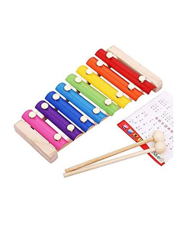 Wooden xylophone piano music toy for children, featuring 8 colorful metal keys and 2 safe rings for toddlers. This musical toy is designed for young kids to enjoy learning and playing with music.