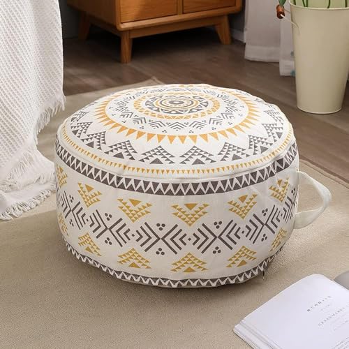 MOCOFO Unstuffed Round Pouf Covers Boho Colorful Geometric Ottoman Pouf Cover with Handle Design,Decoration Footstool for Living Room,Bedroom,Patio (Yellow,18x18x8) - Image 1