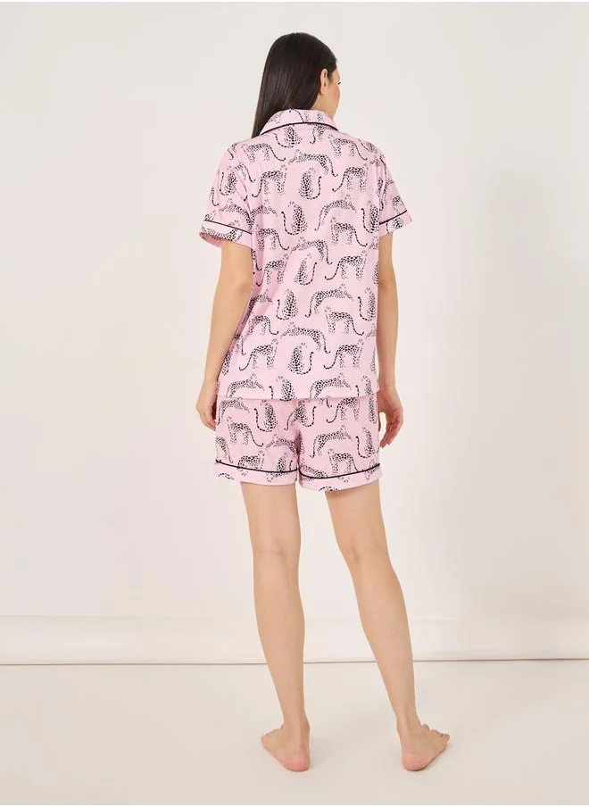 ستايلي Cheetah Print Button Placket Shirt and Shorts Set