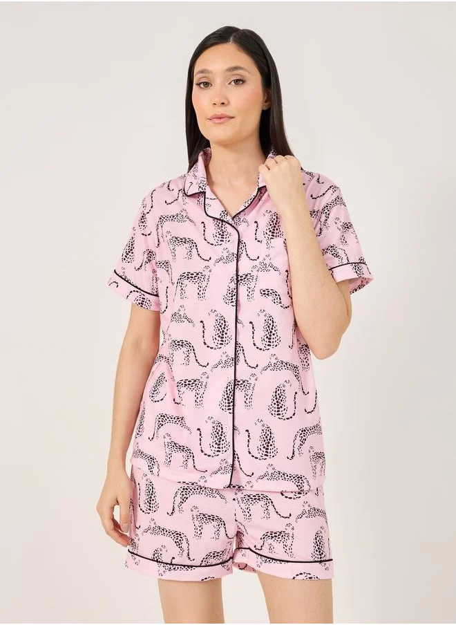 ستايلي Cheetah Print Button Placket Shirt and Shorts Set