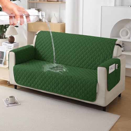 HOKIPO Polyester Quilted Sofa Mat With Bottom Waterproof Layer With Side Pockets, 175(D) X 110(L) Cm, Forest Green(Ar-5139-W8) - Image 1