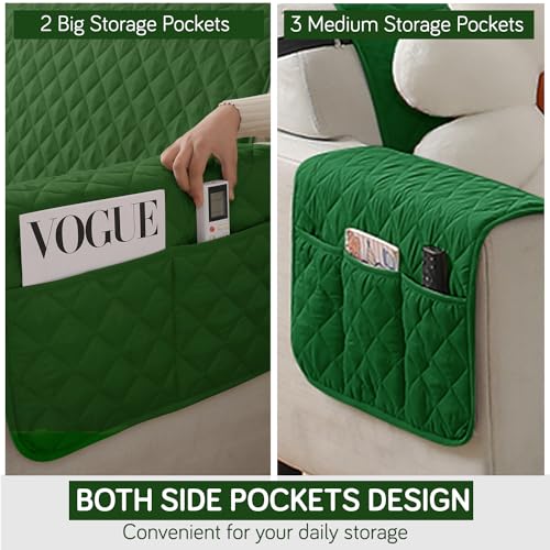 HOKIPO Polyester Quilted Sofa Mat With Bottom Waterproof Layer With Side Pockets, 175(D) X 110(L) Cm, Forest Green(Ar-5139-W8) - Image 2