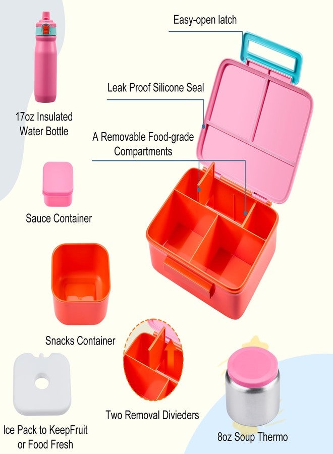 MAISON HUIS Kids Bento Box Set - Includes 8oz Soup Thermo, Insulated Lunch Bag & 17oz Stainless Steel Water Bottle, 5-Compartment Bento Box with Built-In Ice Pack, Leak-Proof & BPA-Free(Pink) - Image 3