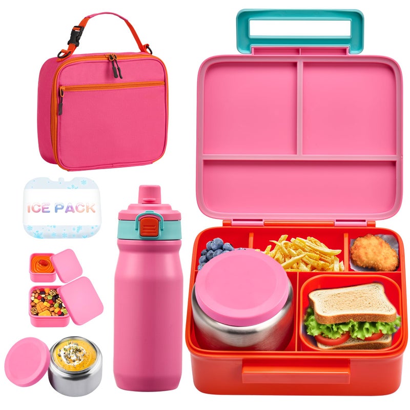 MAISON HUIS Kids Bento Box Set - Includes 8oz Soup Thermo, Insulated Lunch Bag & 17oz Stainless Steel Water Bottle, 5-Compartment Bento Box with Built-In Ice Pack, Leak-Proof & BPA-Free(Pink) - Image 1