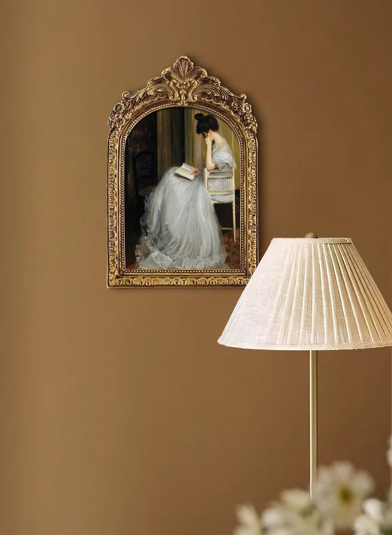 طبعات فن الحائط الكلاسيكية مع إطار الصورة الذهبية الفاخرة، لوحات زيتية لقراءة الفتيات زيت القماش زينة غرفة المزرعة غرفة الدراسة لغرفة النوم، هدية لعيد ميلاد أحباء الكتب، (M,5.7x9.06) - Image 2