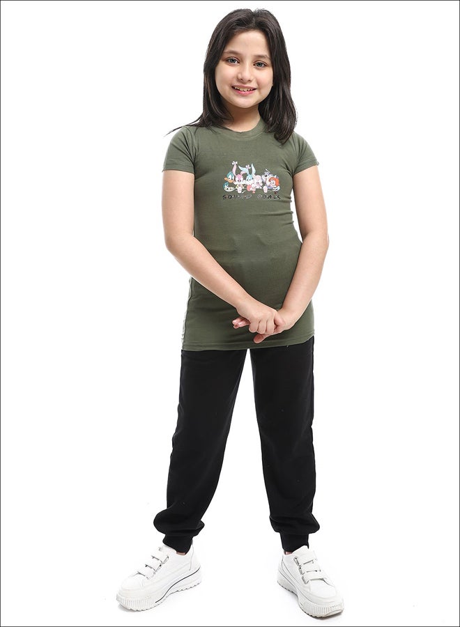 Andora Slip On Chest Printed Cotton Girls Tee _Olive - Image 1