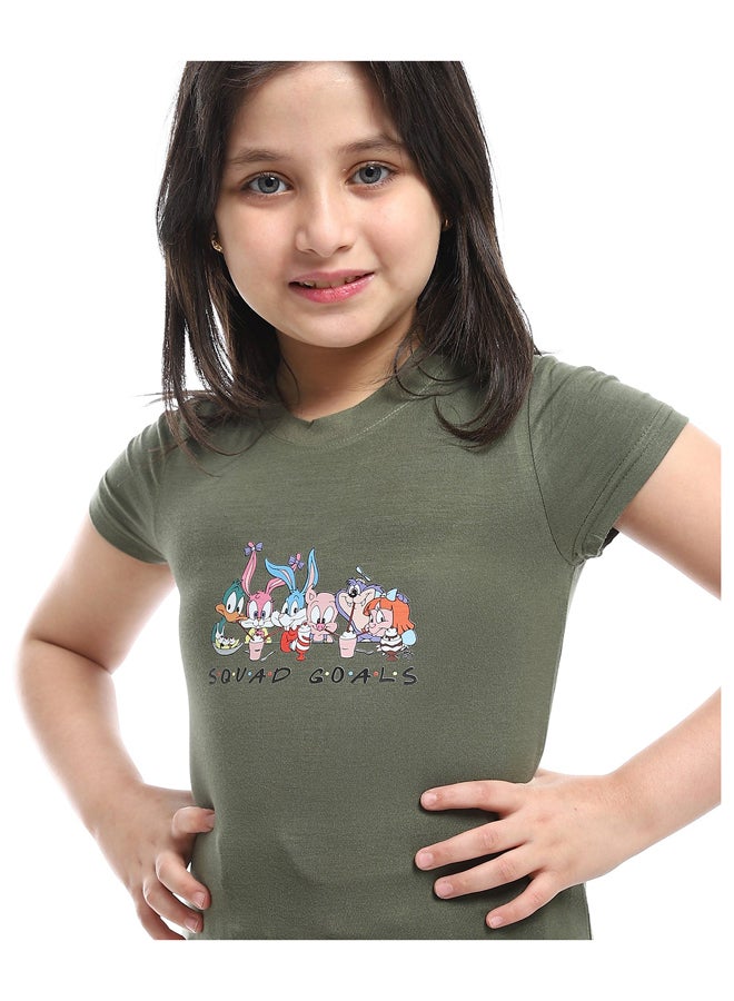 Andora Slip On Chest Printed Cotton Girls Tee _Olive - Image 4