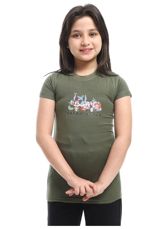 Andora Slip On Chest Printed Cotton Girls Tee _Olive - Image 2