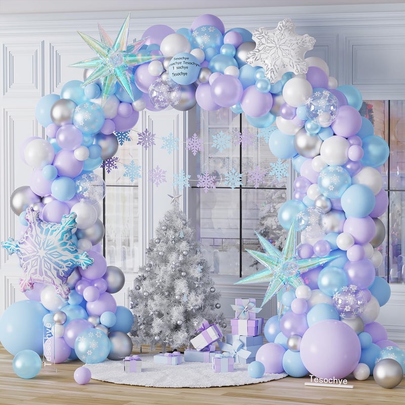 Tesochye Ice Snow Birthday Party Decorations 159 PCS Snowflake Balloon Garland Arch KitBlue Purple Iridescent Exploding Star Foil Balloon for Princess Winter Wonderland Birthday Christmas Party Decor - Image 2