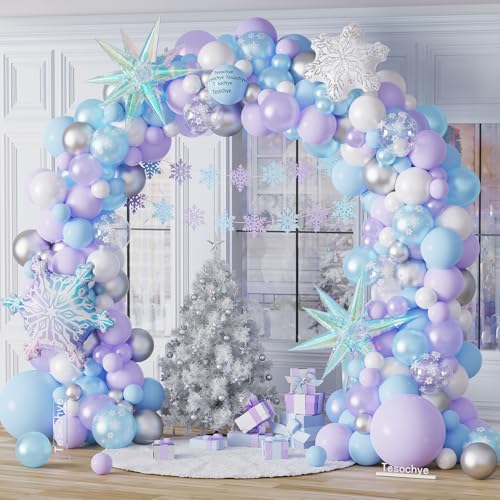 Tesochye Ice Snow Birthday Party Decorations 159 PCS Snowflake Balloon Garland Arch KitBlue Purple Iridescent Exploding Star Foil Balloon for Princess Winter Wonderland Birthday Christmas Party Decor - Image 1