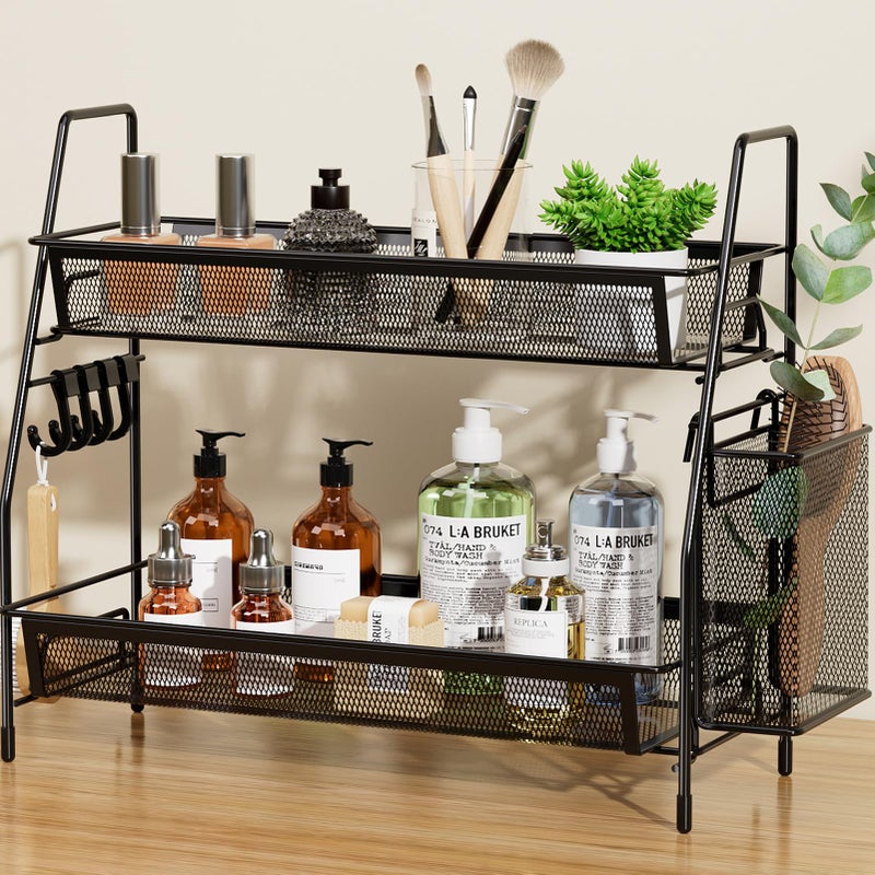 VITVITI 2Tier Bathroom Organizer Countertop Metal Wire Mesh Bathroom Counter Organizer Storage with Basket Hooks Vanity Tray Shelf Kitchen Spice Rack Black