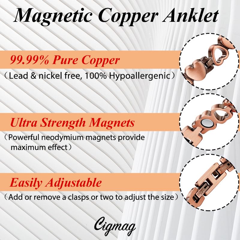 Cigmag Copper Anklet for Women Ultra Magnets - Magnetic Ankle 99% Pure Copper Adjustable - with Sizing Tool and Present Box - Image 3