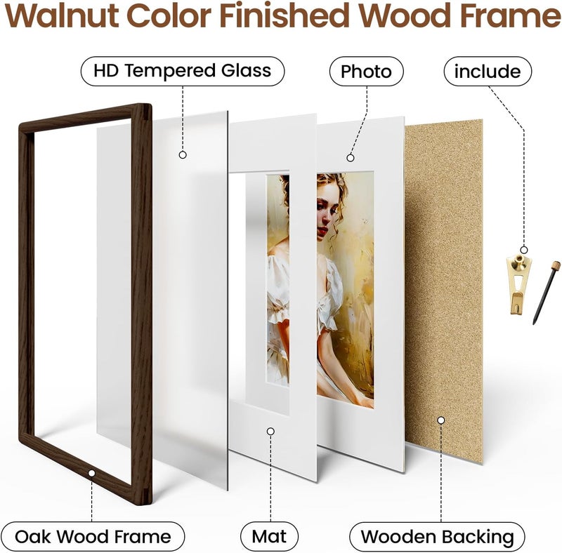 Heimlove 16x16 Picture Frame Natural Oak Wood From California-USA Walnut Color Finished Handcrafted 16 x 16 Photo Frame Matted to 12x12 Photo with Real Tempered Glass,for Family,Graduation Display Table & Wall - Image 4