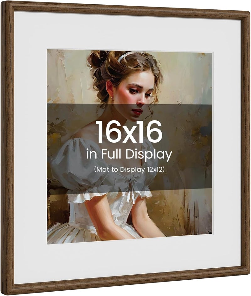 Heimlove 16x16 Picture Frame Natural Oak Wood From California-USA Walnut Color Finished Handcrafted 16 x 16 Photo Frame Matted to 12x12 Photo with Real Tempered Glass,for Family,Graduation Display Table & Wall - Image 1