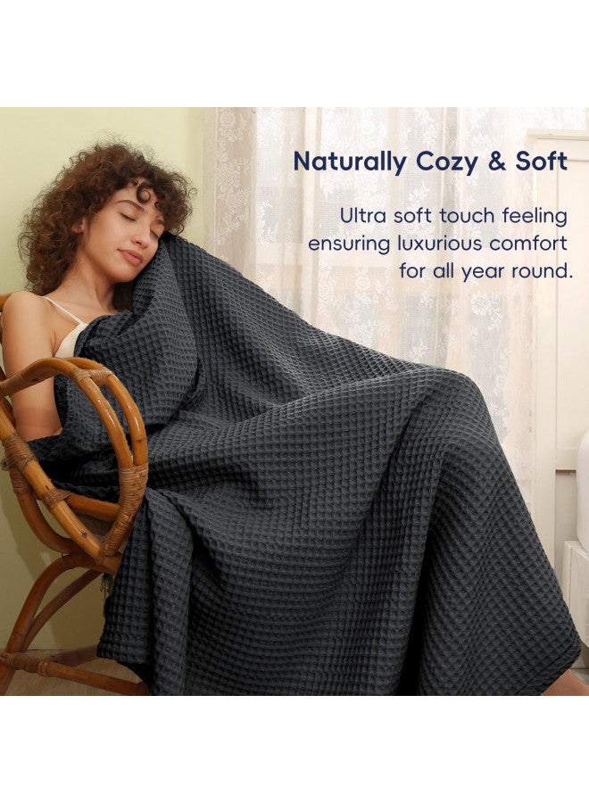 PHF PHF Ultra Soft Waffle Weave Throw Blanket 50"x 60"- Washed Lightweight Breathable Breathable Cozy Woven Blanket - Great for Couch Bed Sofa Home Car - Black  - Image 3