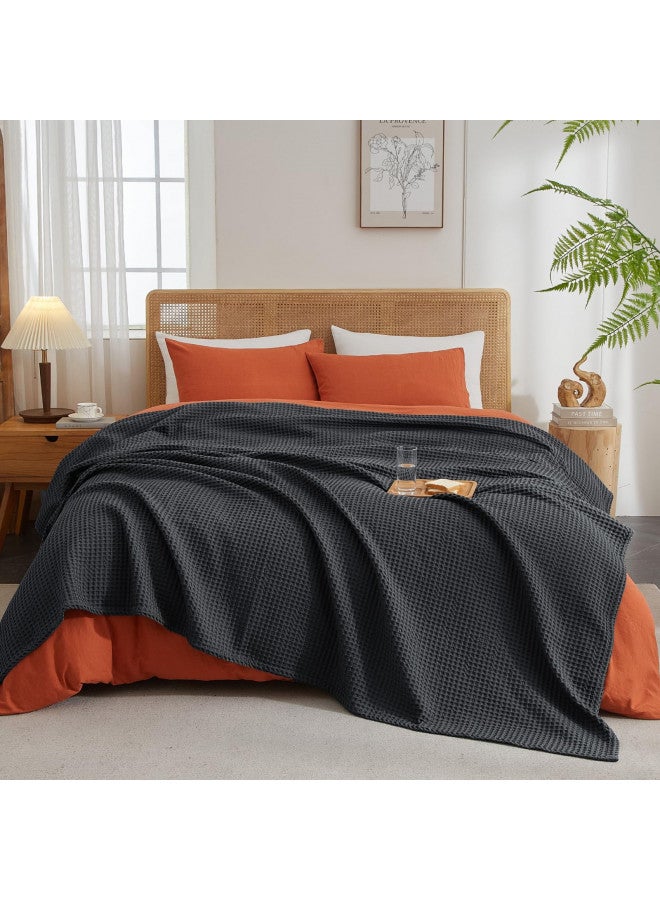 PHF PHF Ultra Soft Waffle Weave Throw Blanket 50"x 60"- Washed Lightweight Breathable Breathable Cozy Woven Blanket - Great for Couch Bed Sofa Home Car - Black  - Image 4