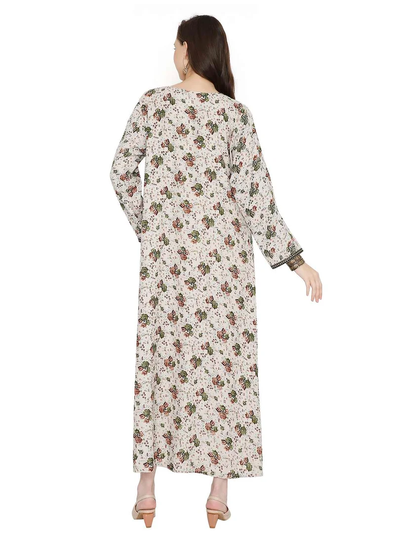 HANA & SARA LONG FLORAL PRINTED WITH SMALL STONE WORK ON EMBROIDERY STYLISH ARABIC KAFTAN JALABIYA DRESSES