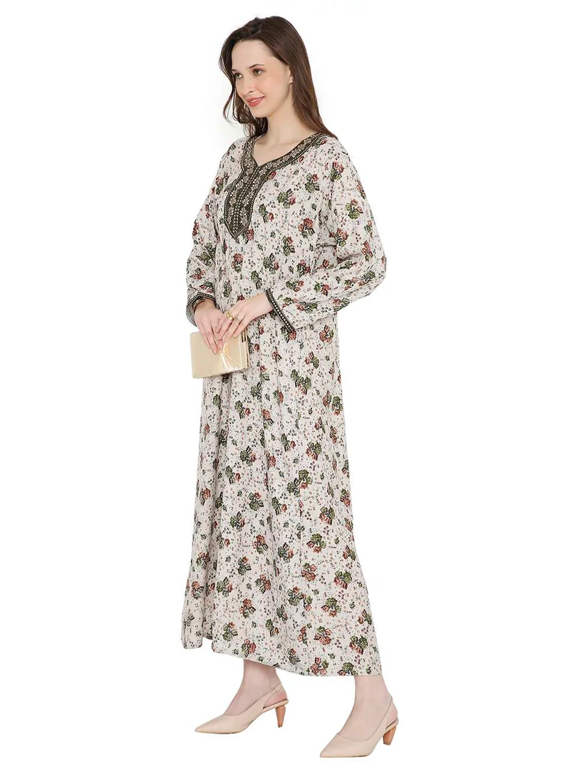 HANA & SARA LONG FLORAL PRINTED WITH SMALL STONE WORK ON EMBROIDERY STYLISH ARABIC KAFTAN JALABIYA DRESSES