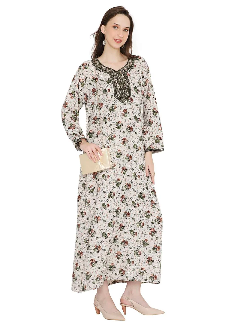 HANA & SARA LONG FLORAL PRINTED WITH SMALL STONE WORK ON EMBROIDERY STYLISH ARABIC KAFTAN JALABIYA DRESSES
