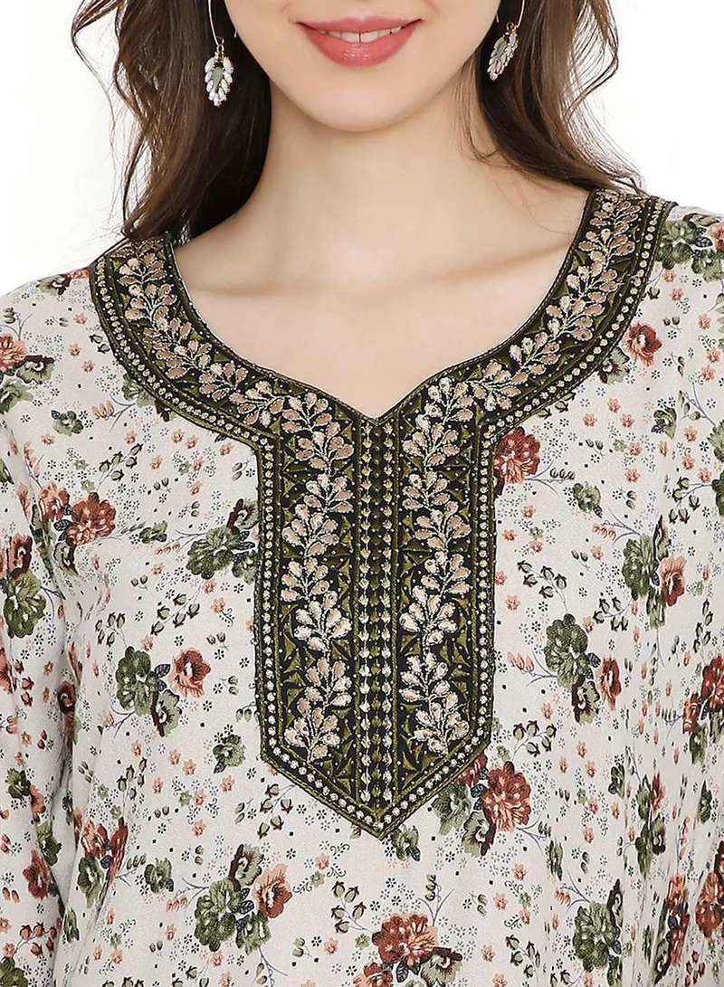 HANA & SARA LONG FLORAL PRINTED WITH SMALL STONE WORK ON EMBROIDERY STYLISH ARABIC KAFTAN JALABIYA DRESSES