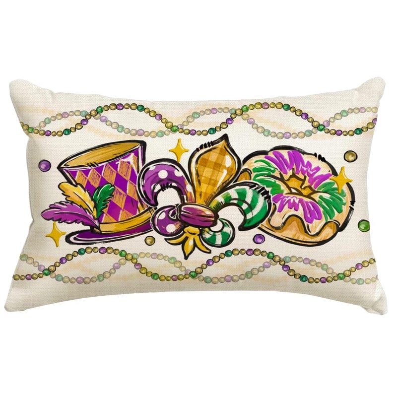 RABUSOFA Mardi Gras Pillow Cover 12x20 Inch Masquerade Fleur De Lis Carnival Donuts Beads Decorative Pillow Case Holiday Decorations for Home Sofa Couch - Image 1