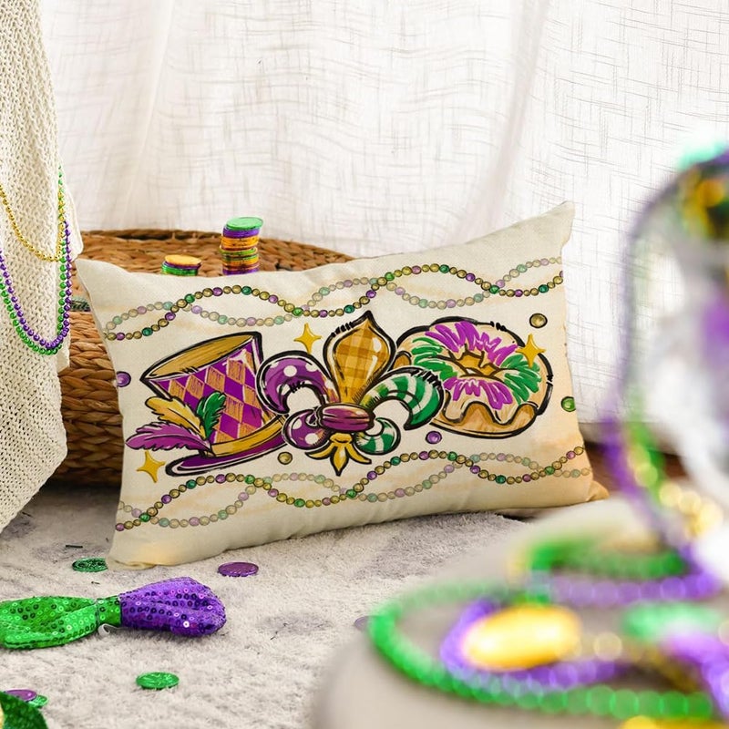 RABUSOFA Mardi Gras Pillow Cover 12x20 Inch Masquerade Fleur De Lis Carnival Donuts Beads Decorative Pillow Case Holiday Decorations for Home Sofa Couch - Image 4