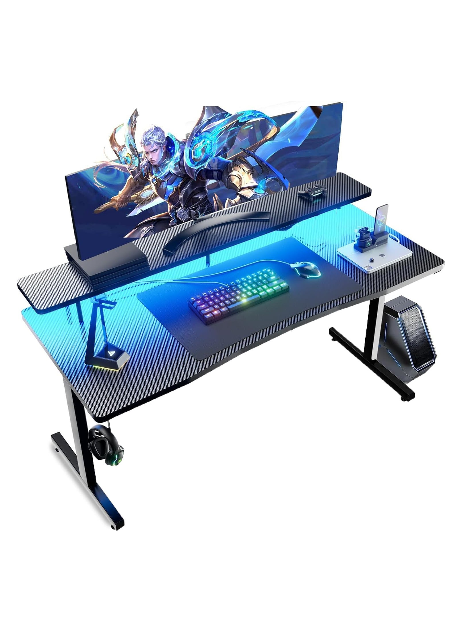 Chulovs Gaming Desk 120cm T-Shaped Carbon Fiber Surface Computer Desk with Mouse Pad, Gamer Desk with Monitor Stand Headphone Hook 