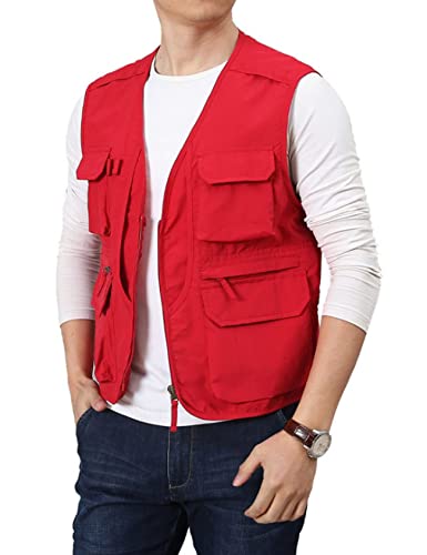 Flygo Men's Utility Cargo Vest Outdoor Summer Work Photo Fishing Safari Travel Vest with Pockets(01Red-L) - Image 4