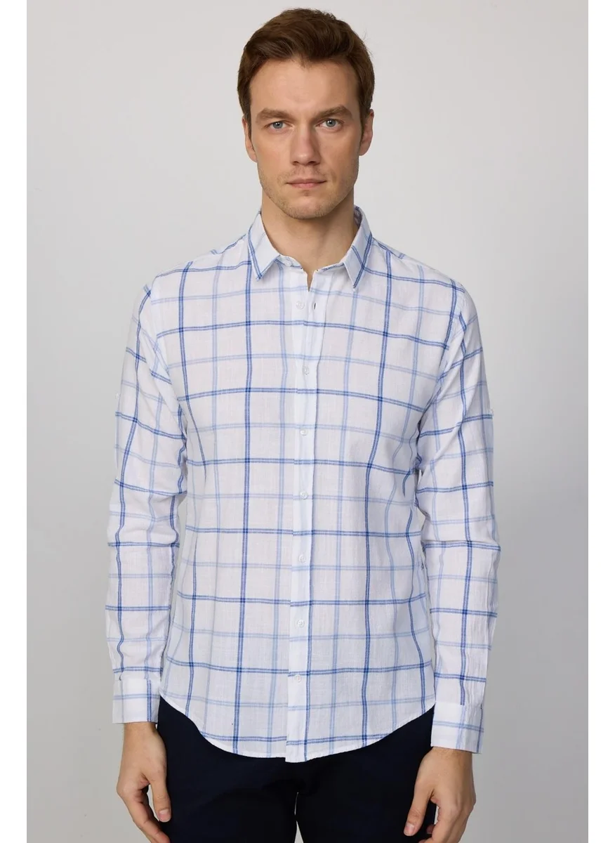 Tudors Slim Fit Narrow Fit Checked Linen Effect Summer White Blue Men's Shirt