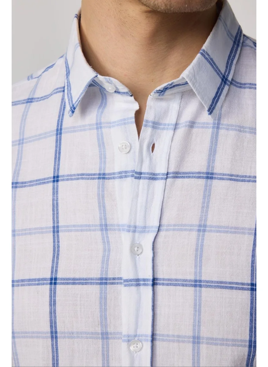 Tudors Slim Fit Narrow Fit Checked Linen Effect Summer White Blue Men's Shirt