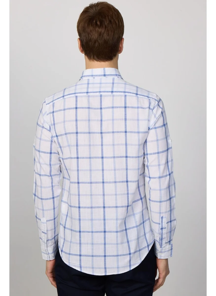 Tudors Slim Fit Narrow Fit Checked Linen Effect Summer White Blue Men's Shirt