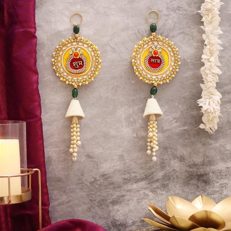 Shubhanjali Shubhanjali Shubh Labh Hanging for Diwali Decoration Items 1 Pair Desing Shubh Labh Jhumki Hanging for Home Dcor Wall Mandir Pooja Room Temple  - Image 1