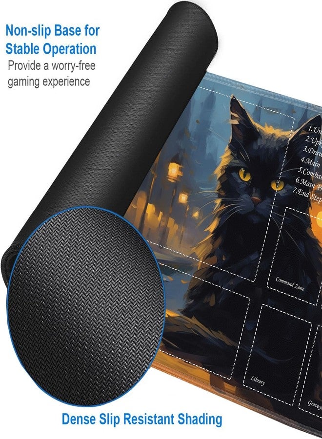 JVGFYNKL for TCG Playmat, Playmat with Zones, 24x14 in Non-Slip Rubber for MTG Playmat with Drawstring Travel Pouch and 6 Dice, Black Cat at Cafe at Night for MTG Mat, Card Game Playmats - Image 5