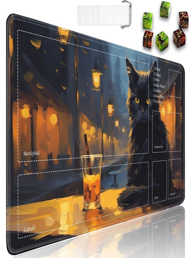 JVGFYNKL for TCG Playmat, Playmat with Zones, 24x14 in Non-Slip Rubber for MTG Playmat with Drawstring Travel Pouch and 6 Dice, Black Cat at Cafe at Night for MTG Mat, Card Game Playmats - Image 1
