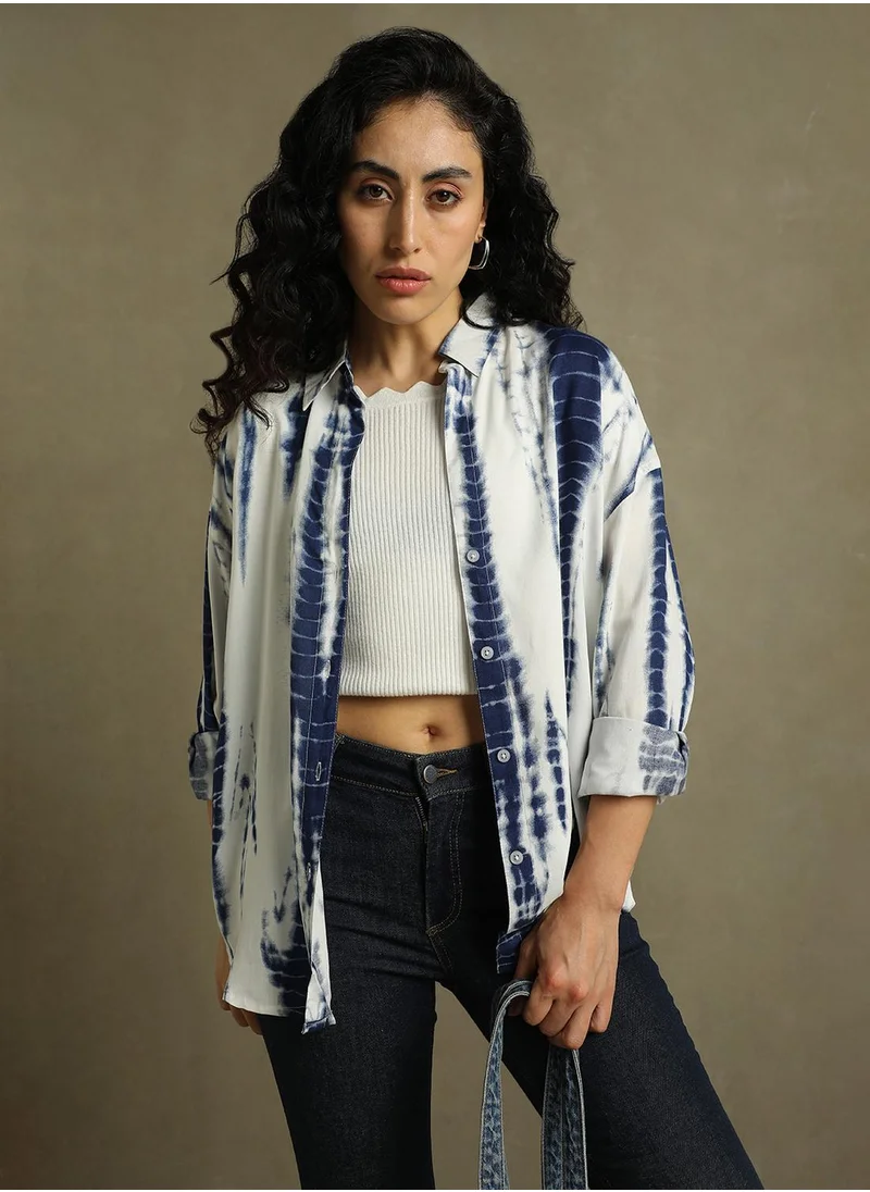 Dennis Lingo Women's Blue 100% Rayon Printed Oversized Shirt