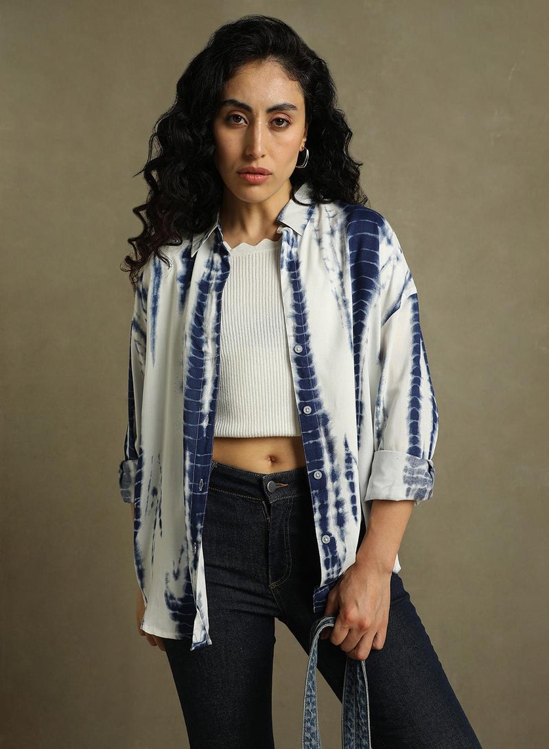 Dennis Lingo Women's Blue 100% Rayon Printed Oversized Shirt - Image 1