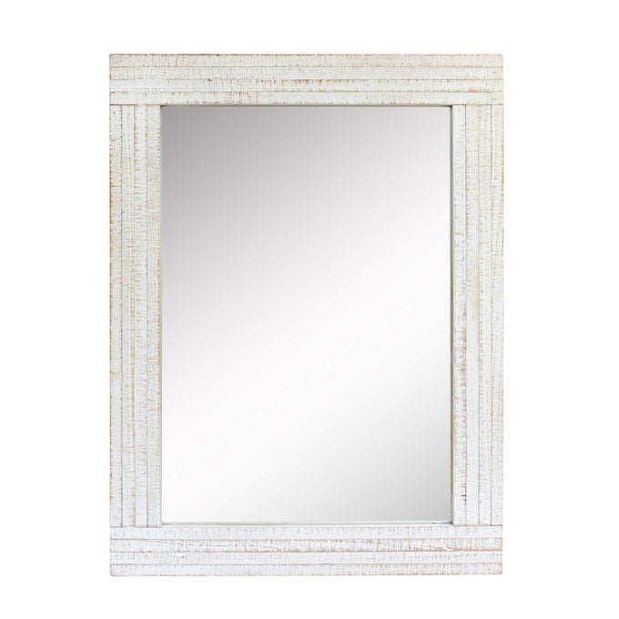 24 X 18 RECTANGLE WORN WHITE WOOD FRAME WALL MIRROR WITH ATTACHED HANGING BRACKETS DECORATIVE COUNTRY RUSTIC DECOR FOR THE LIVING ROOM BEDROOM BATHROOM HALLWAY AND ENTRYWAY