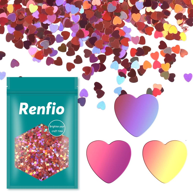 Renfio 175 Oz 50g Holographic Loving Heart Shape Shiny Glitter Love Confetti Sequin Glitters Resin Sparkle Chunky Sequins for DIY Mold Art Nail Artwork Holiday Decoration Laser Pink