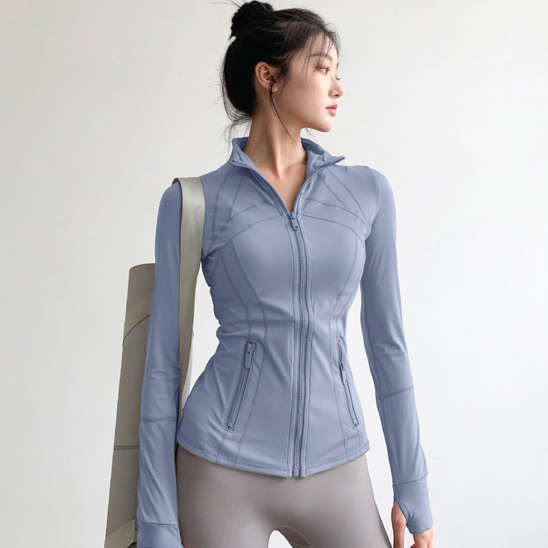 Generic Advanced Yoga Suit Coat Womens Running and Cycling Long-sleeved Sports Top Slimming Pilates Fitness Suit Autumn and Winter Gray lake blue