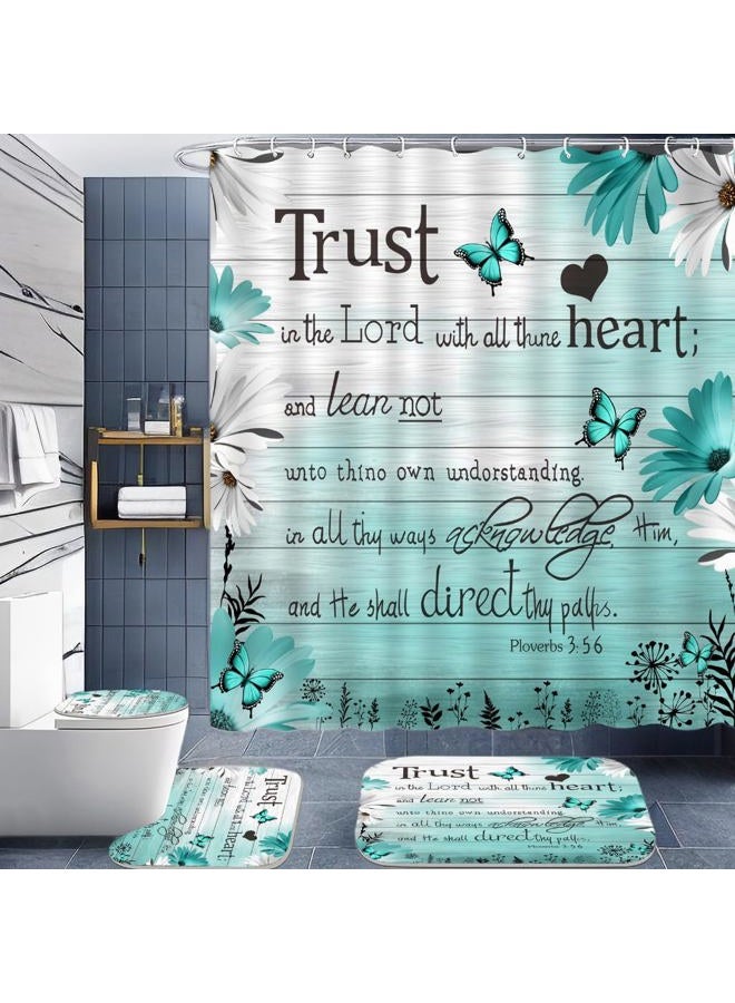 ALEXEX 4 PCS Blue Verse Shower Curtain Sets,Inspirational Quotes Bathroom Set with Shower Curtain and Rugs and Accessories,Butterfly Daisy Shower Curtain Bathroom Decor with 12 Hooks 72 X 72 in - Image 1