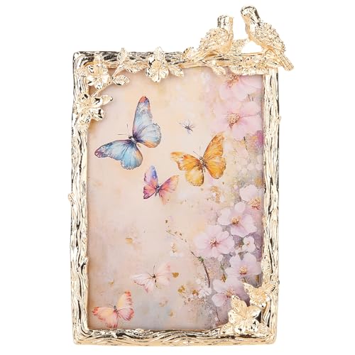 Goutangen 4x6 Gold Picture Frame Vintage Decor Metal Birds Floral Photo Frames with High Definition Glass Front Art Decor Tabletop Display Wedding Anniversary Christmas Unique Gifts for Couples Wife - Image 1