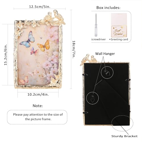 Goutangen 4x6 Gold Picture Frame Vintage Decor Metal Birds Floral Photo Frames with High Definition Glass Front Art Decor Tabletop Display Wedding Anniversary Christmas Unique Gifts for Couples Wife - Image 2