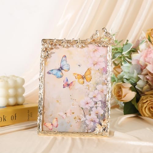 Goutangen 4x6 Gold Picture Frame Vintage Decor Metal Birds Floral Photo Frames with High Definition Glass Front Art Decor Tabletop Display Wedding Anniversary Christmas Unique Gifts for Couples Wife - Image 3
